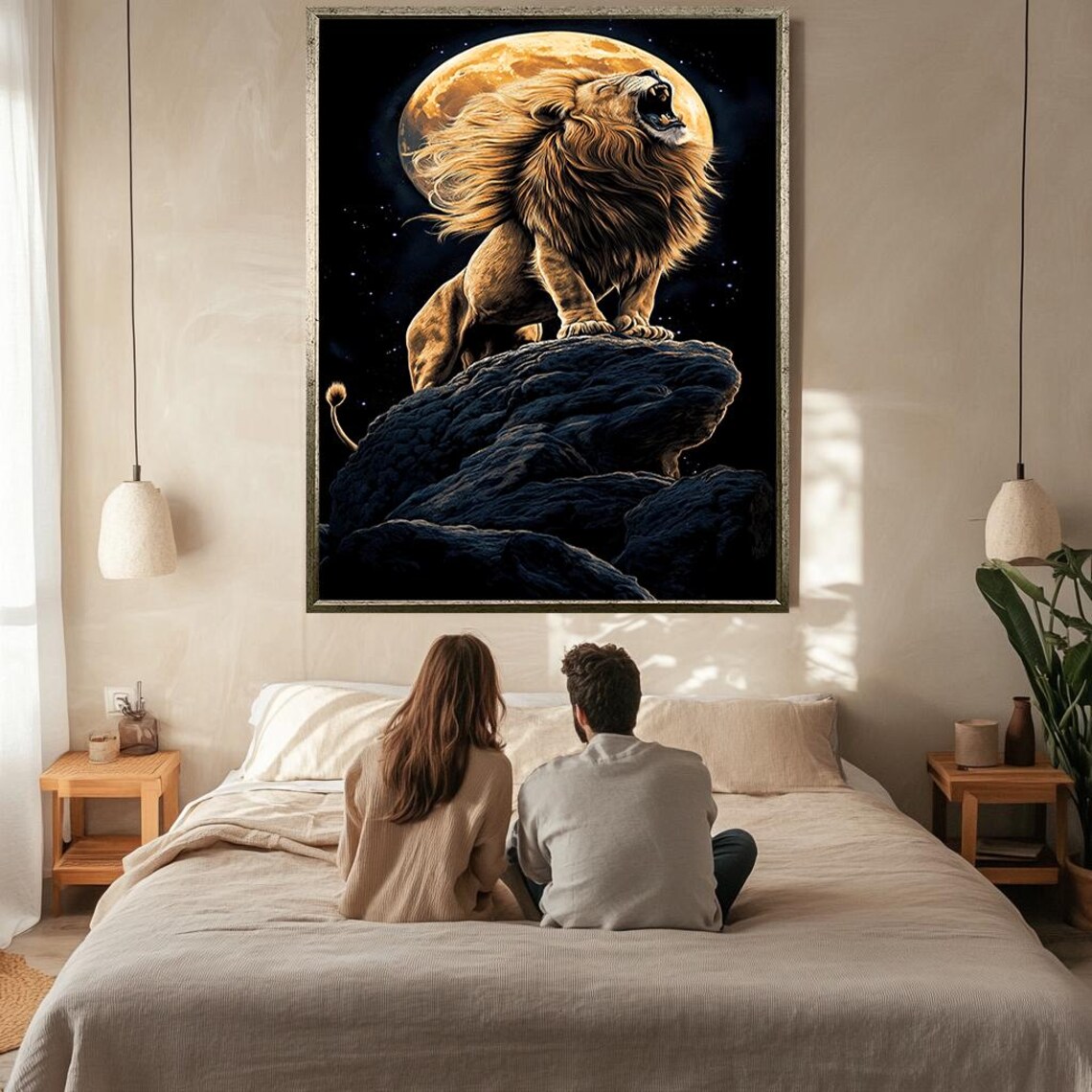 Roaring Lion Full Moon Night Rock Summit Majestic Wildlife Wall Poster - Image 2