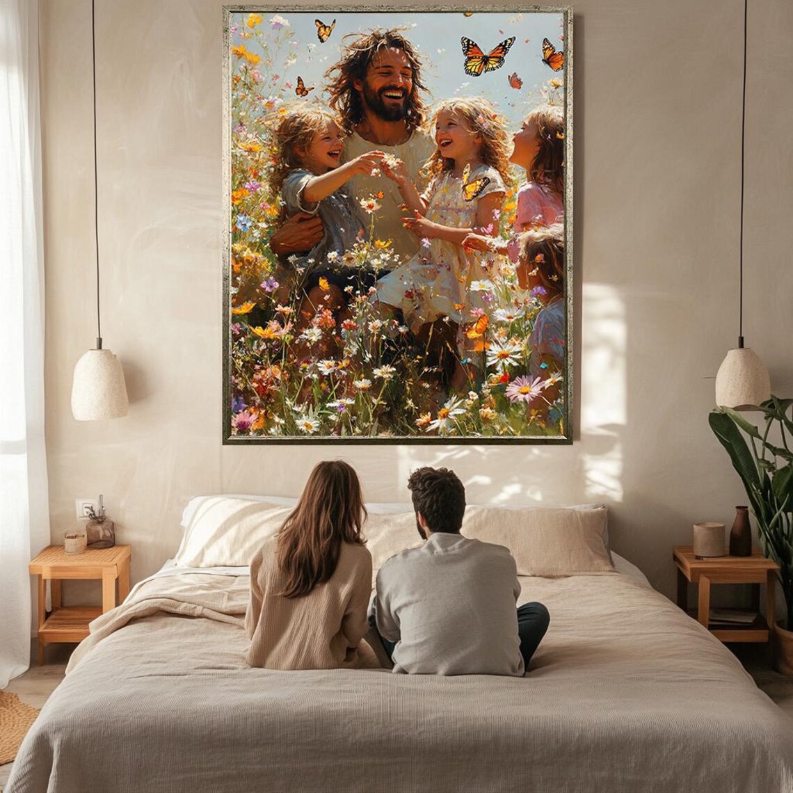 Joyful Jesus Playing With Children In Flower Meadow Butterflies Poster - Image 2
