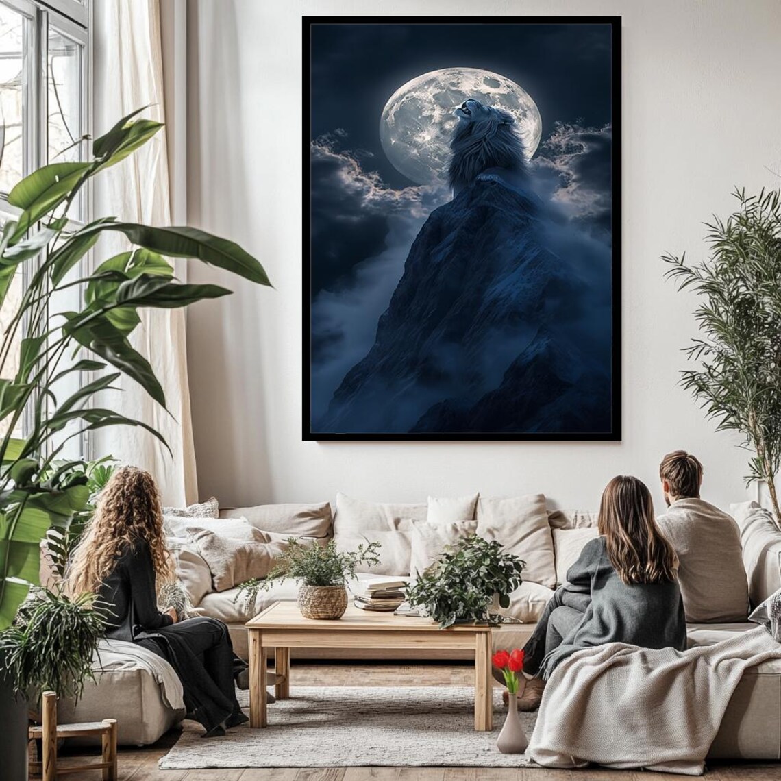 Blue Lion Moon Mountain Night Mystical Wildlife Fantasy Art Poster - Image 3