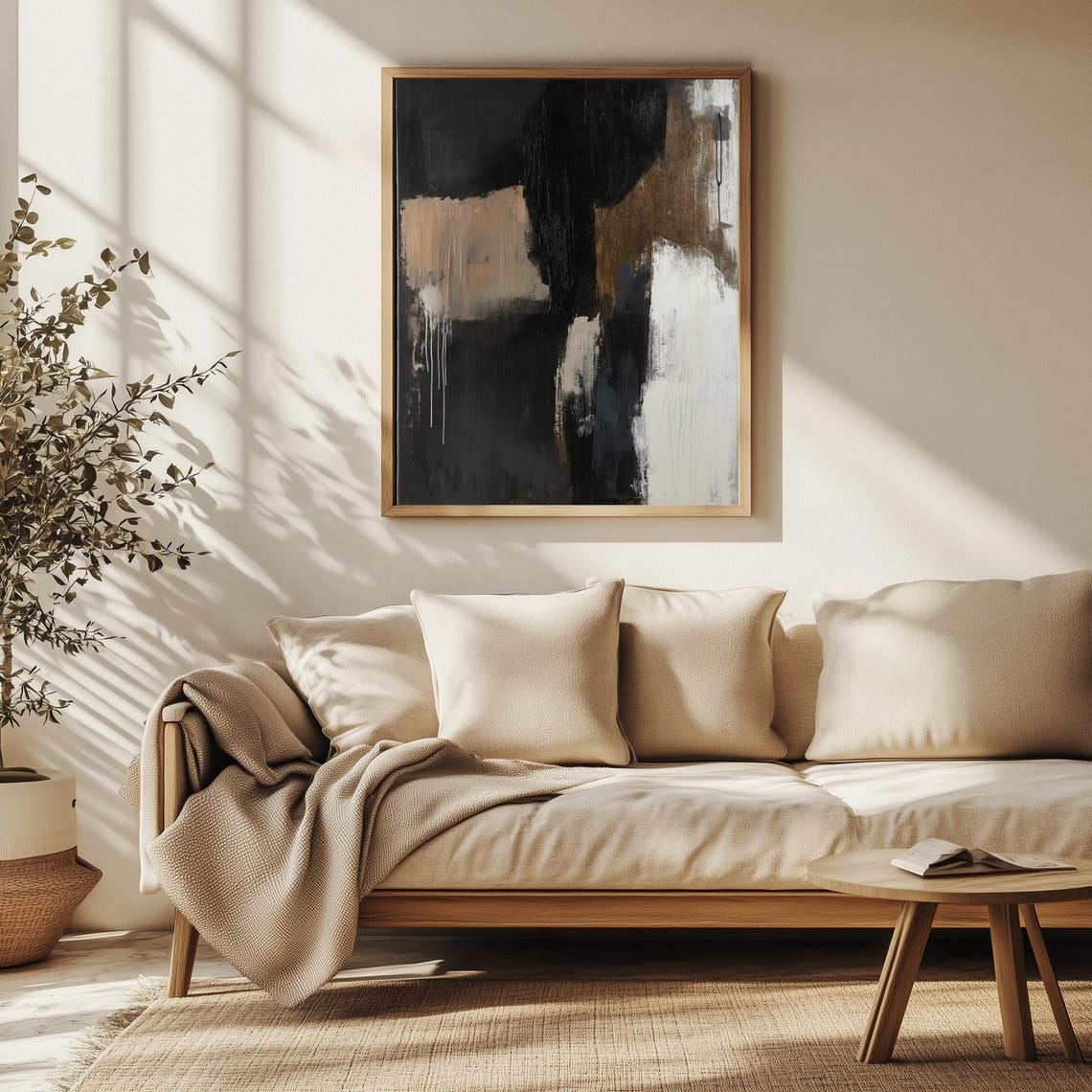 Minimalist Black Beige White Textured Abstract Modern Art Wall Poster - Image 2