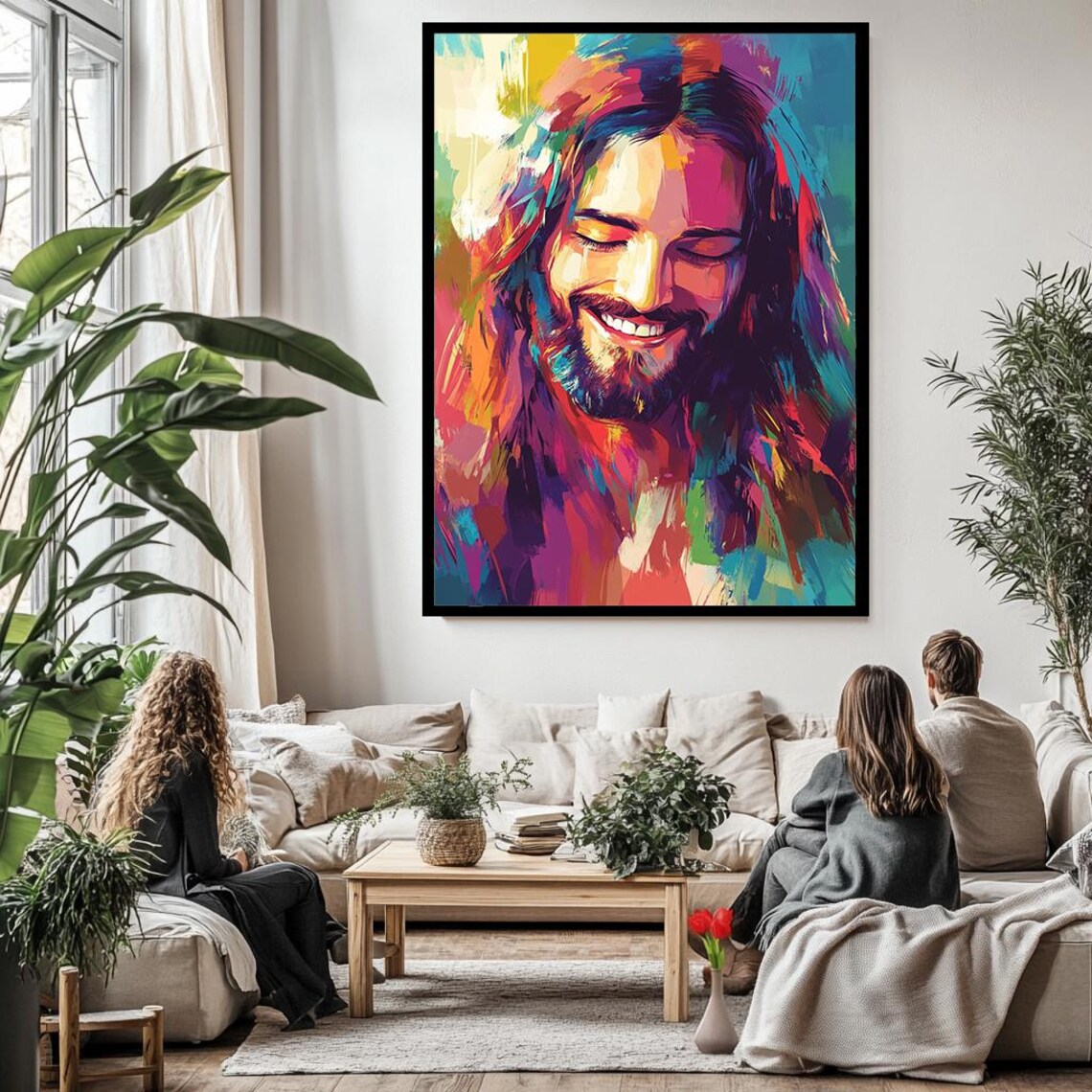Jesus Christ Colorful Abstract Smiling Portrait Modern Joyful Wall Poster - Image 3