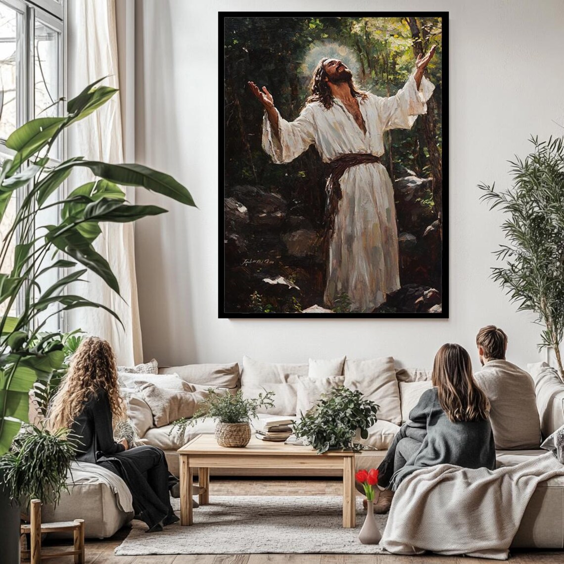 Jesus Praising With Raised Arms Forest Light Spiritual Worship Poster - Image 3