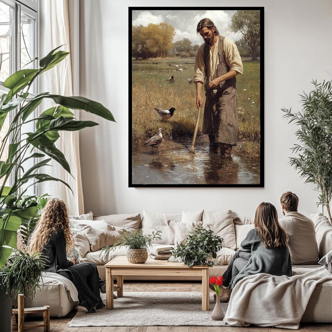 Jesus With Birds In Gentle Stream Pastoral Countryside Painting Poster - Image 3