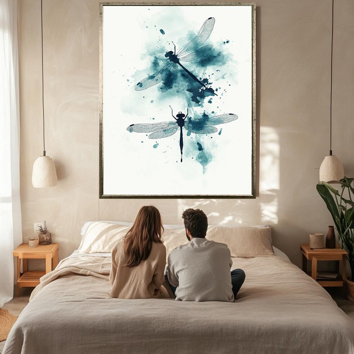 Teal Dragonfly Watercolor Pair Elegant Nature Insect Art Wall Poster - Image 2