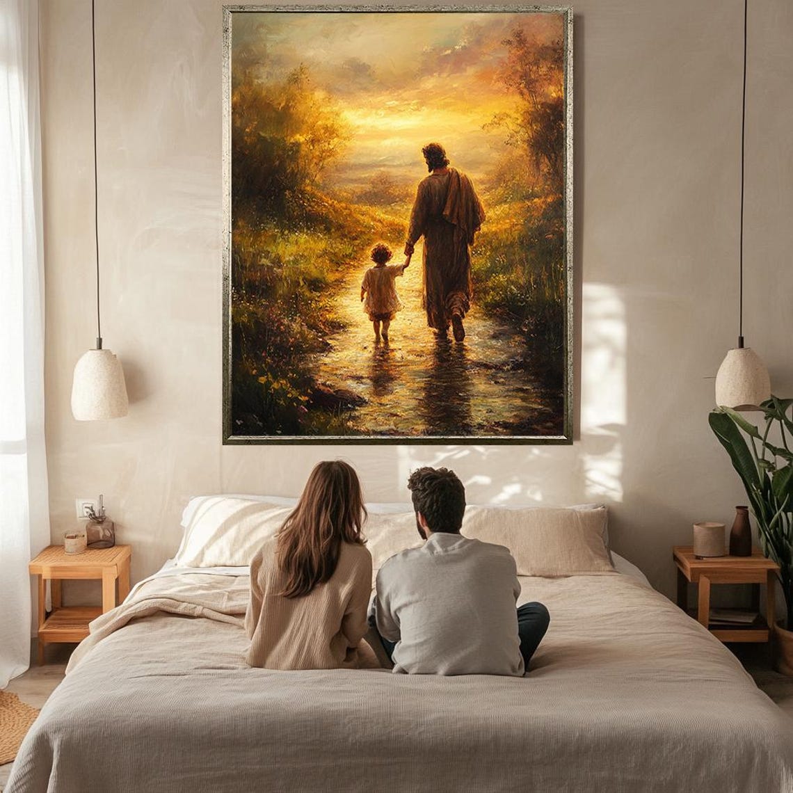 Jesus Walking Hand In Hand With Small Child On Golden Path Poster - Image 2