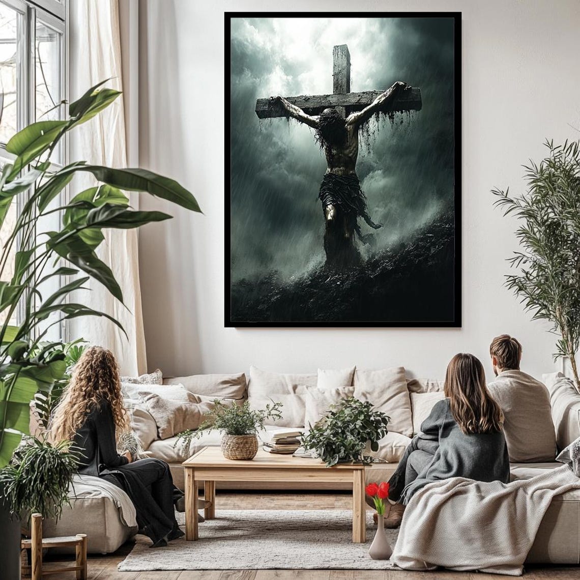 Jesus Christ On The Cross In Stormy Rain Dramatic Suffering Poster - Image 3