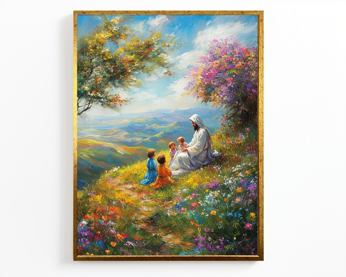 Jesus With Children On Flower Covered Hillside Valley Vista Art Print - Image 4