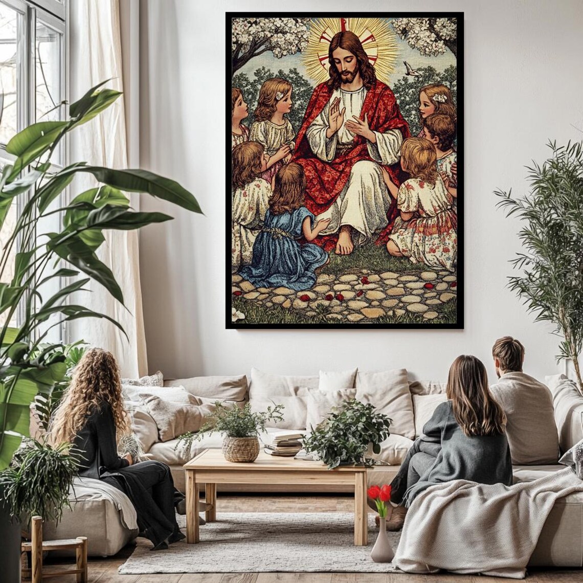 Jesus With Children Vintage Biblical Scene Classic Christian Art Poster - Image 3