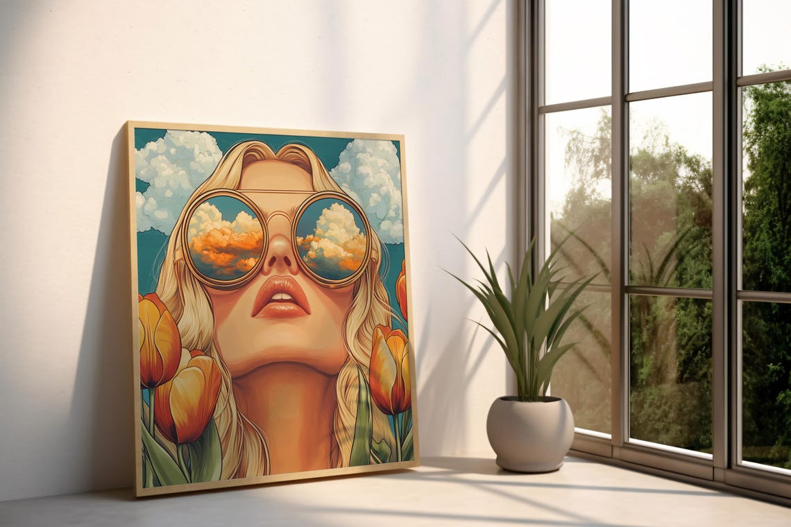 Retro Woman Cloud Sunglasses Orange Tulips Bold Pop Art Print - Image 2