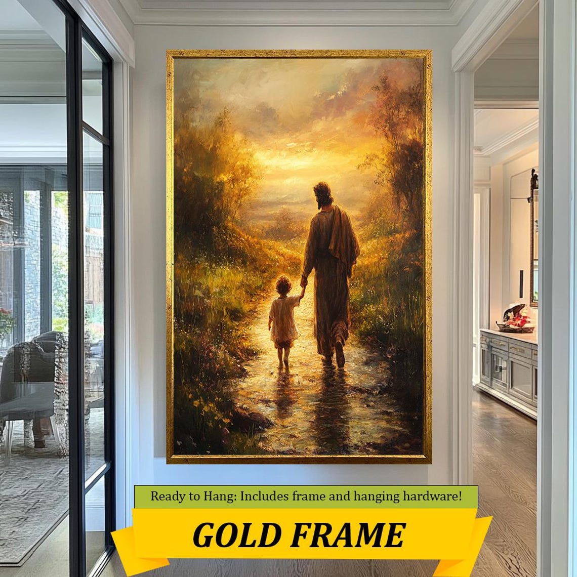 Jesus Walking Hand In Hand With Small Child On Golden Path Poster - Image 5