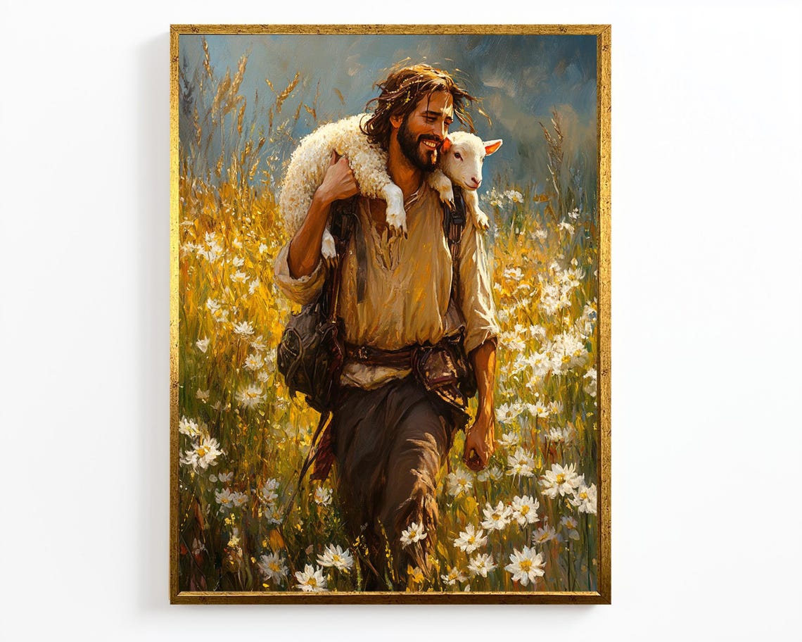 Good Shepherd Jesus Carrying Lamb On Shoulders Through Wheat Poster - Image 4