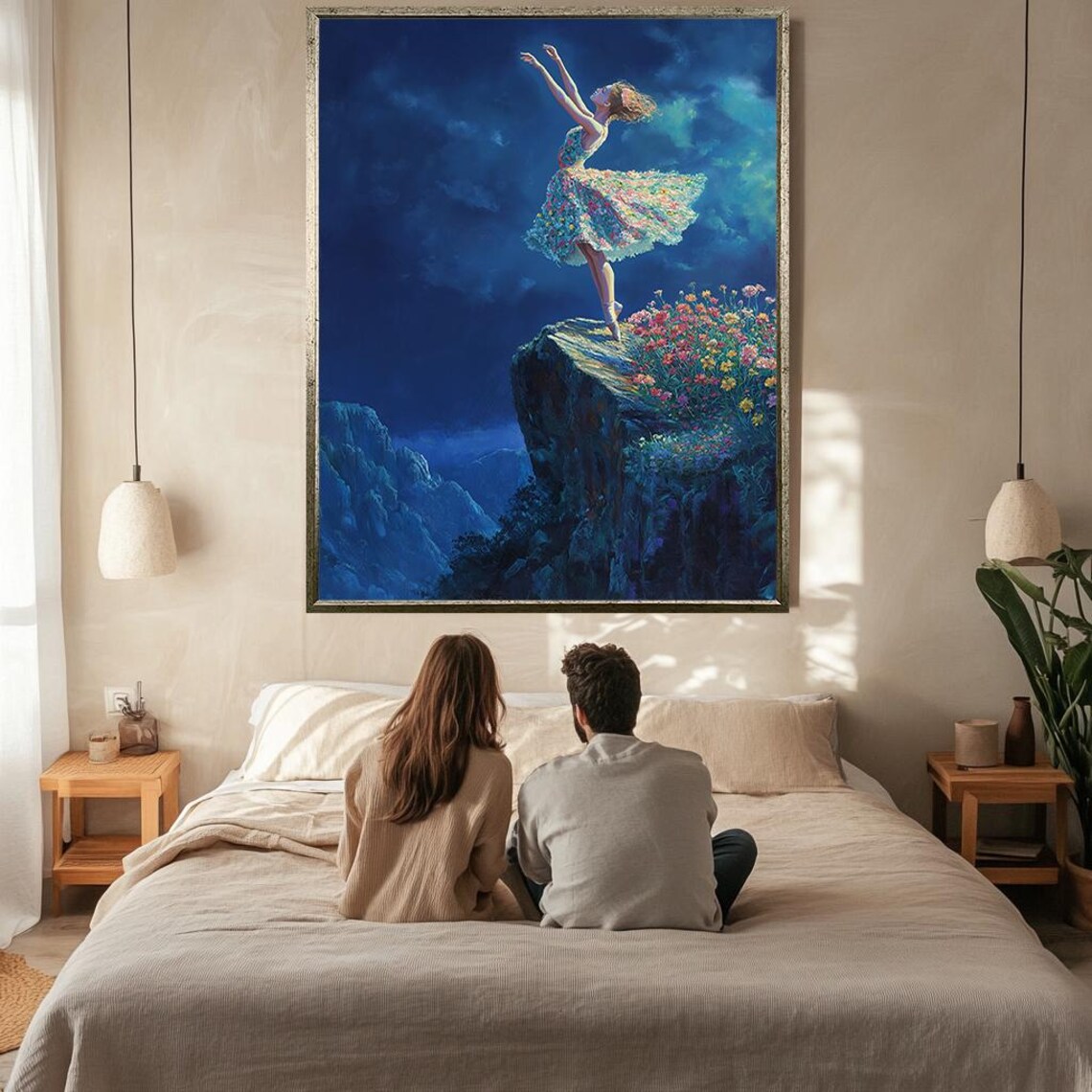 Ballerina Dancing Moonlit Cliff Floral Dress Dreamy Night Art Poster - Image 3
