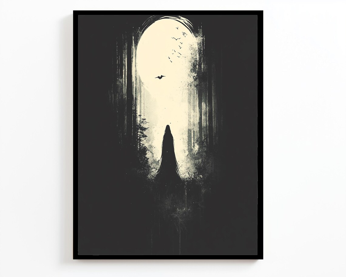 Cloaked Figure Before Glowing Oval Portal Dark Gothic Minimalist Poster - Image 4