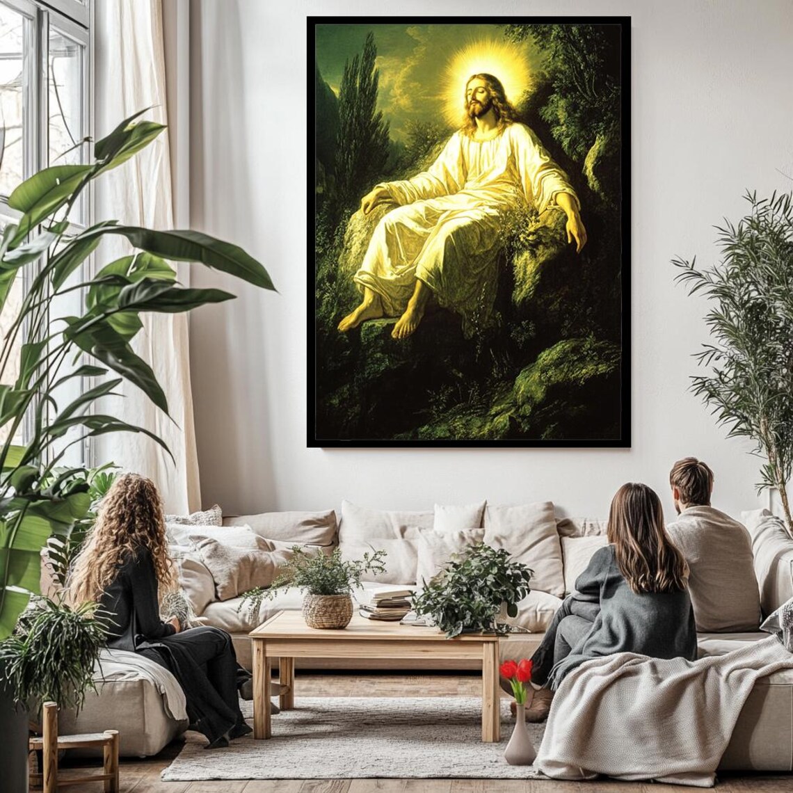 Jesus Seated In Peaceful Garden Glowing Halo Sacred Contemplation Poster - Image 3