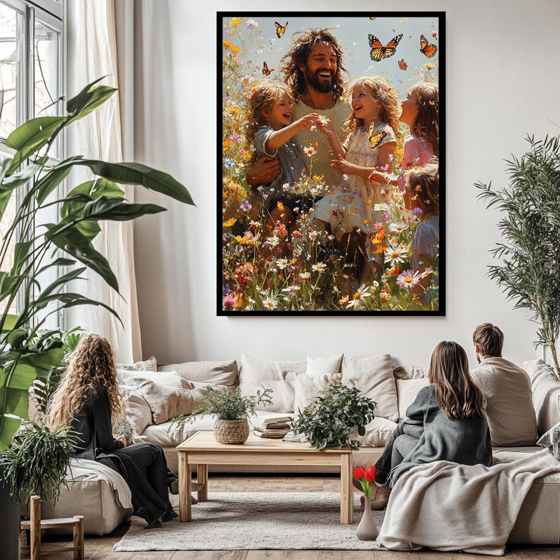 Joyful Jesus Playing With Children In Flower Meadow Butterflies Poster - Image 3