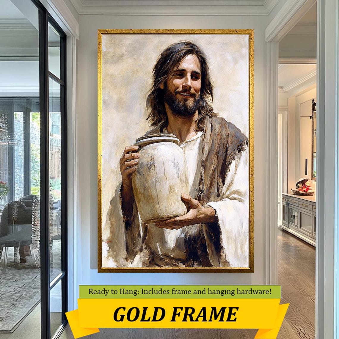 Smiling Jesus Christ Holding Clay Water Jar Biblical Scene Wall Art - Image 5
