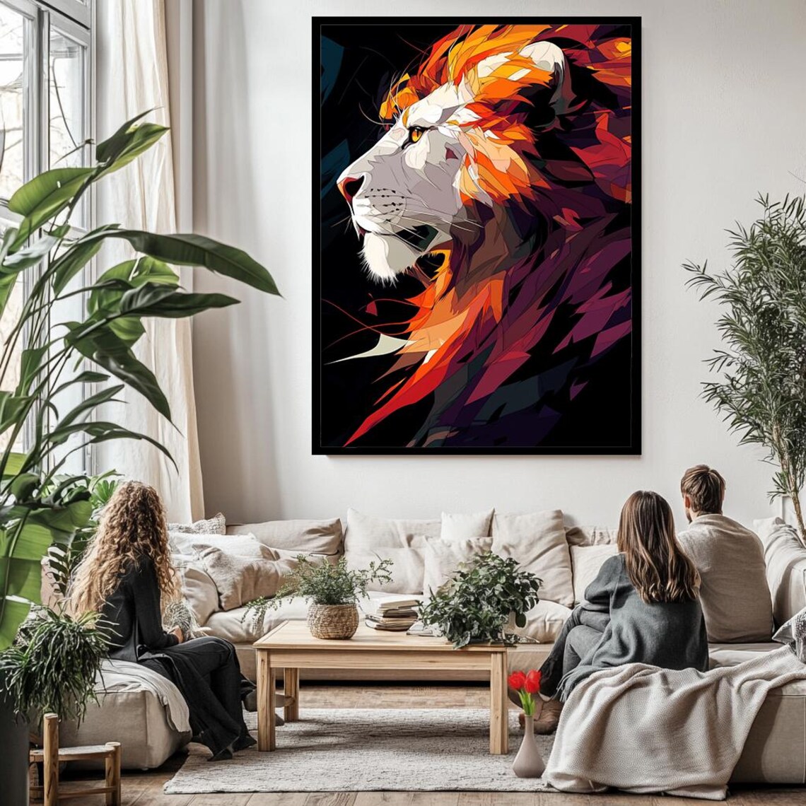 Abstract Lion Profile Vibrant Orange Red Geometric Modern Art Poster - Image 3