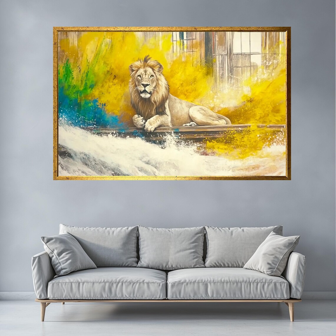 Majestic Lion Colorful Abstract Yellow Splash Modern Wildlife Art Poster - Image 2