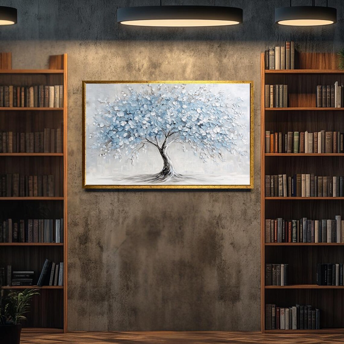 Textured Palette Knife Painting Of Blue Tree Modern Abstract Art Large Wall Decor Hand Painted Tree Artwork For Home Decor - Image 2
