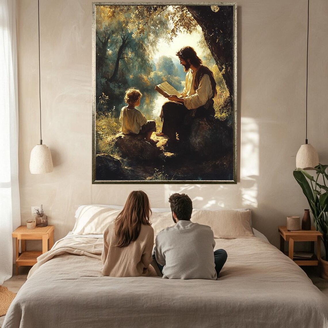 Jesus Teaching Child Reading Together In Peaceful Forest Setting Poster - Image 2