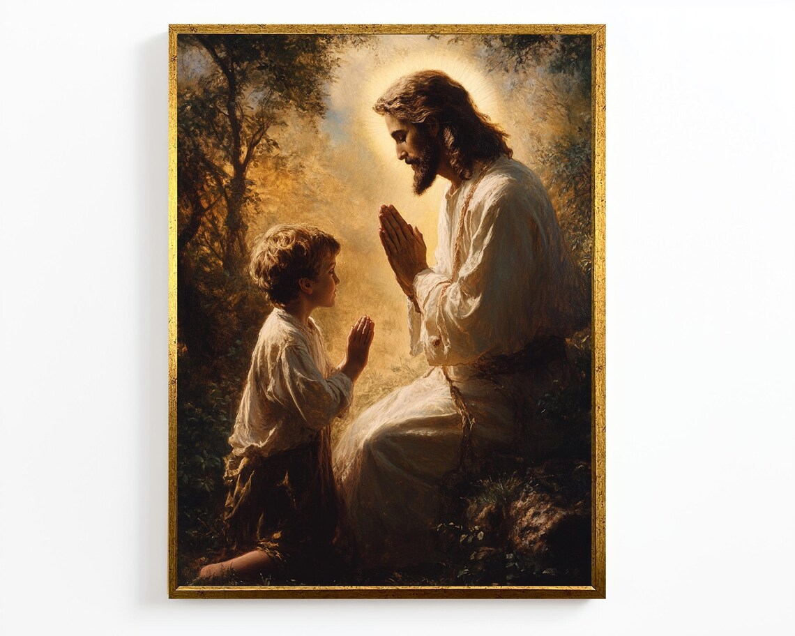 Jesus Praying Together With Young Boy Warm Golden Glow Poster - Image 4