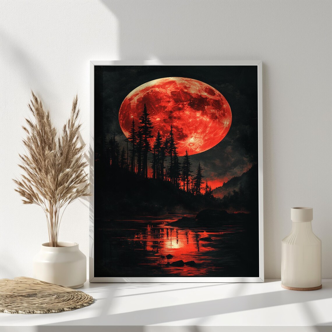 Blood Red Moon Over Pine Forest Lake Night Reflection Gothic Poster - Image 4