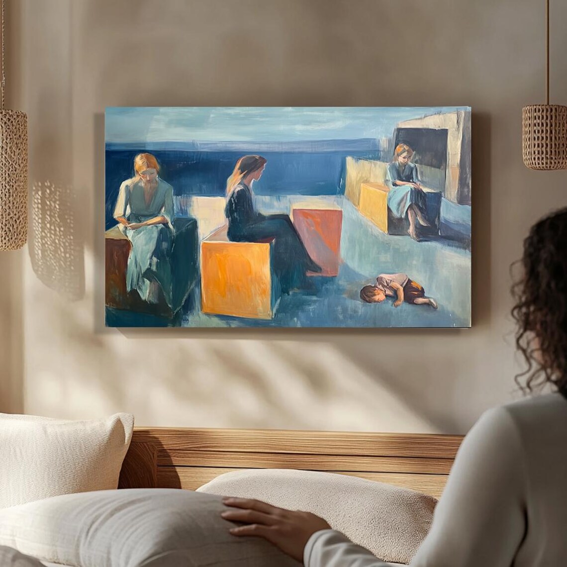 Women And Child By The Sea Figurative Minimalist Abstract Poster - Image 3
