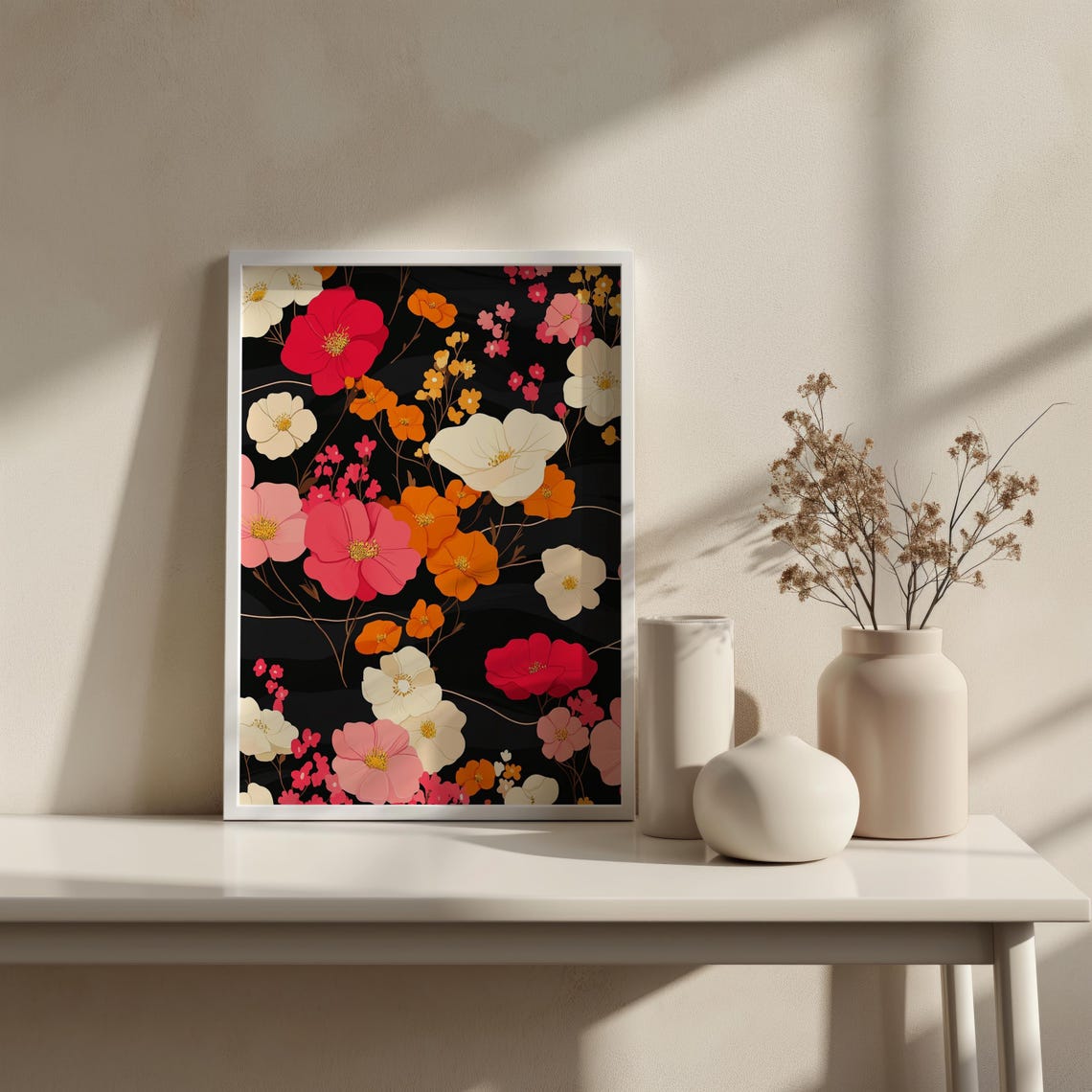 Vibrant Cosmos Floral Pattern Red Pink Orange Blooms Black Wall Art - Image 4