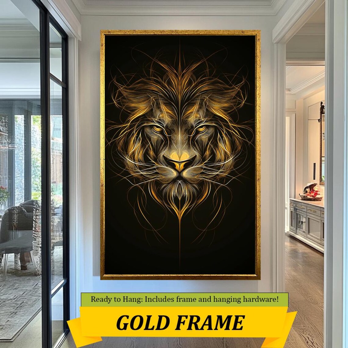 Golden Lion Face Line Art Majestic Wildlife Black Gold Animal Poster - Image 5