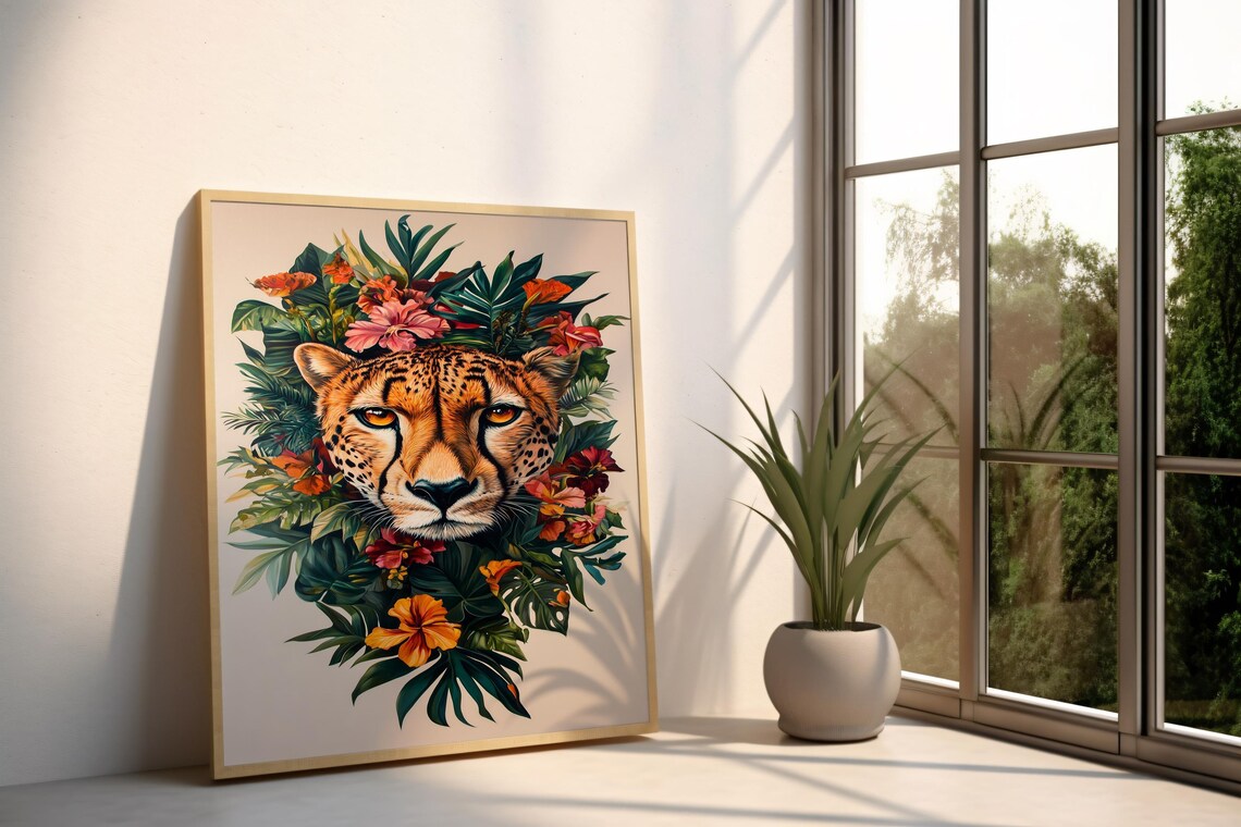 Cheetah Face Tropical Flowers Jungle Botanical Wildlife Wall Poster - Image 2