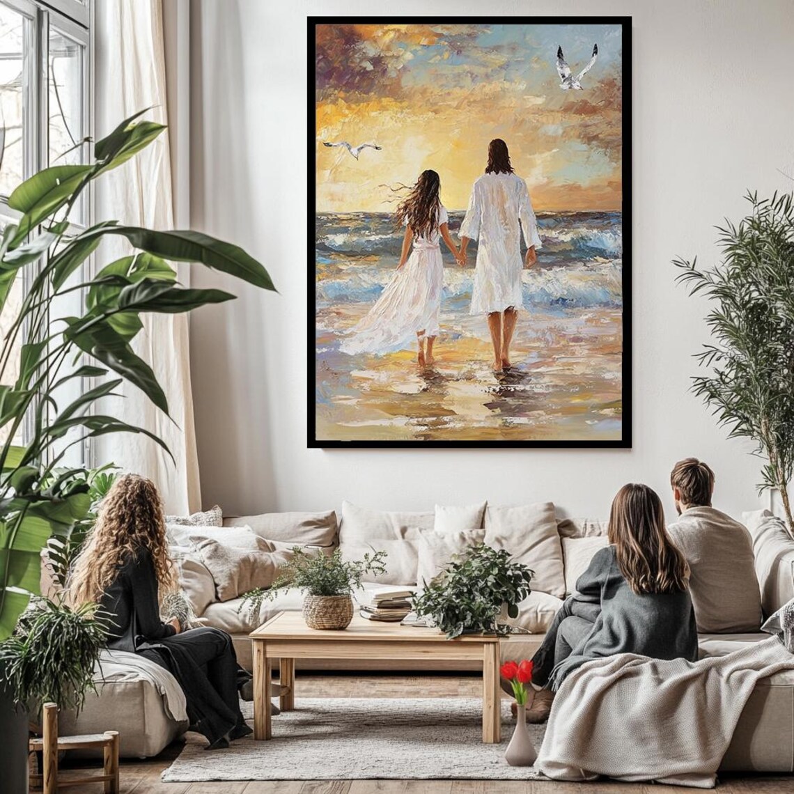 Jesus Walking Hand In Hand With Woman Sunset Beach Romantic Coastal Poster - Image 3
