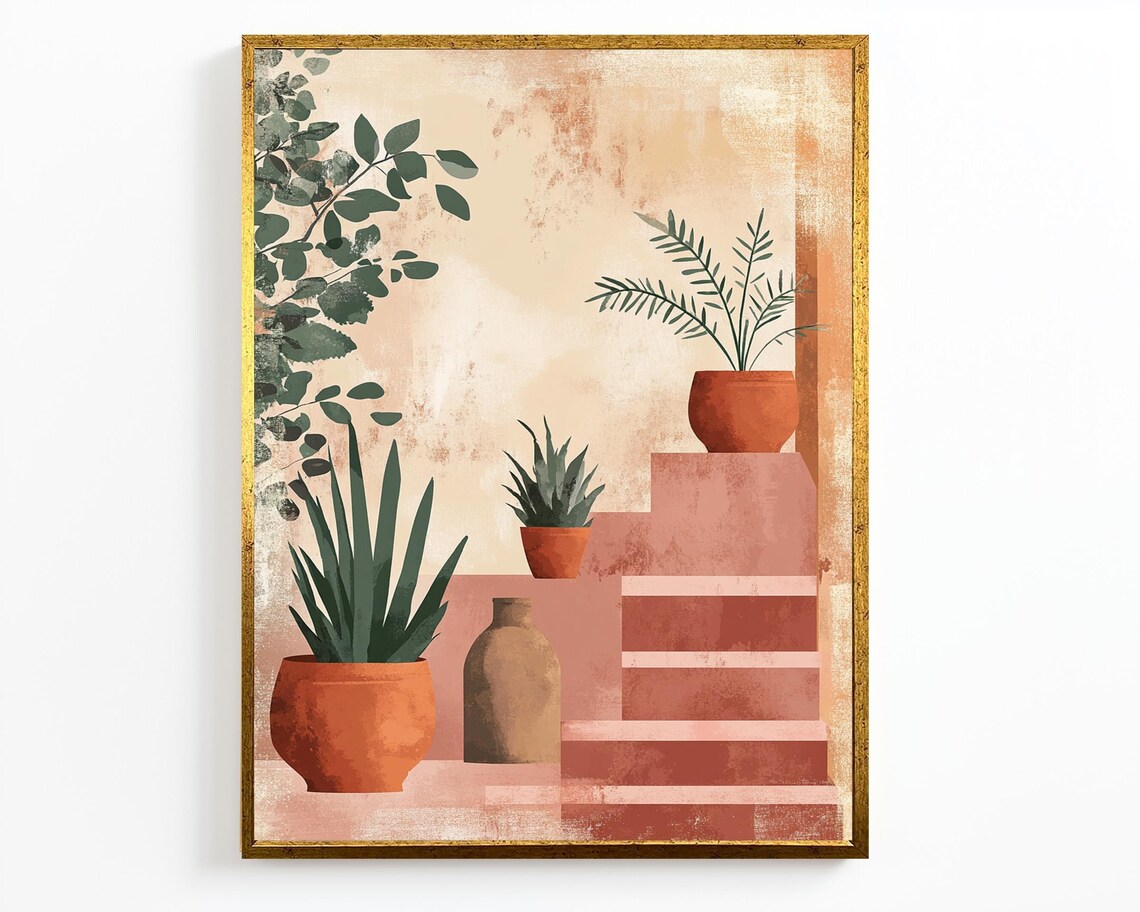 Terracotta Potted Plants Warm Botanical Illustration Stairs Art Poster - Image 4