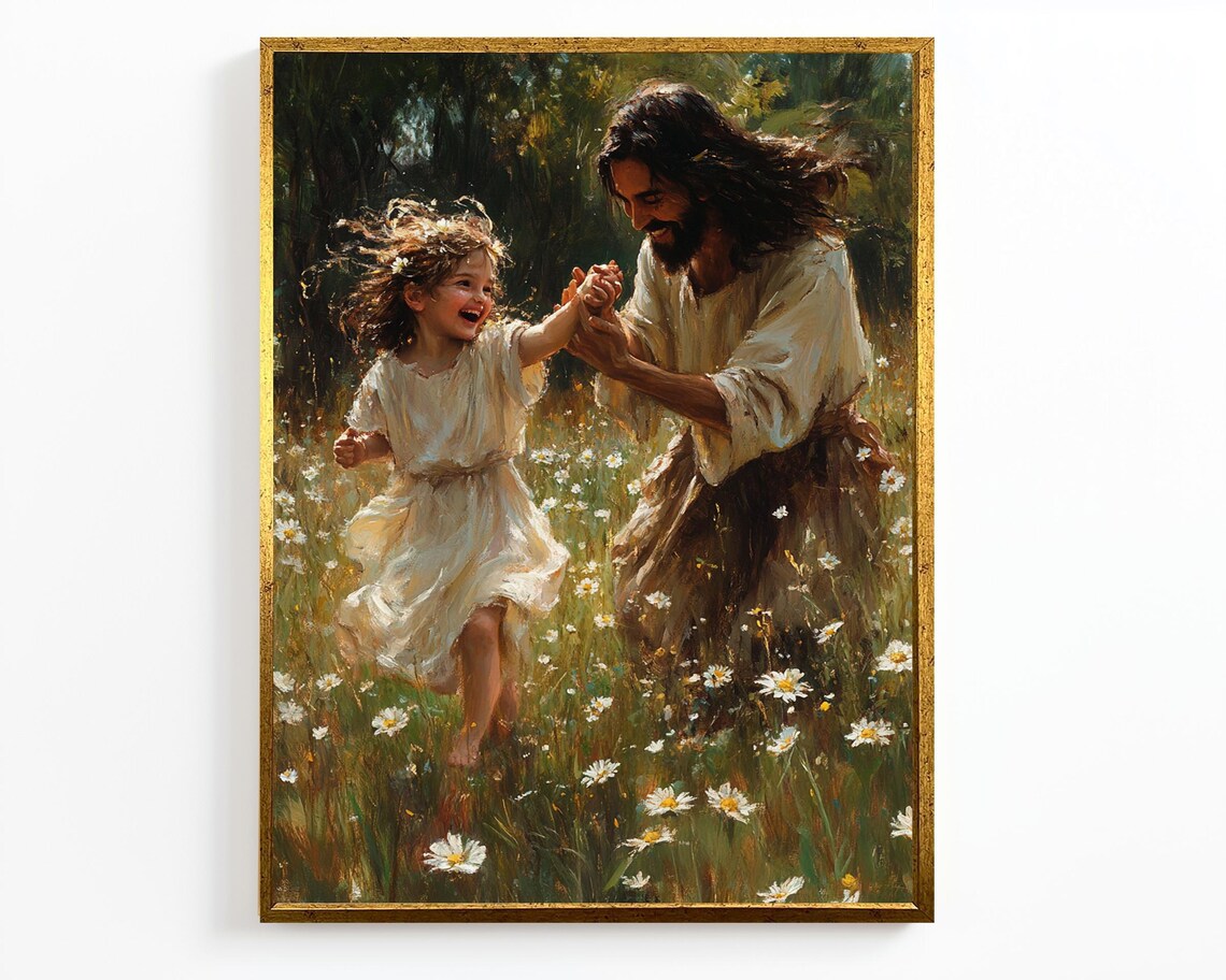 Jesus Dancing Joyfully With Little Girl In Daisy Field Poster - Image 4