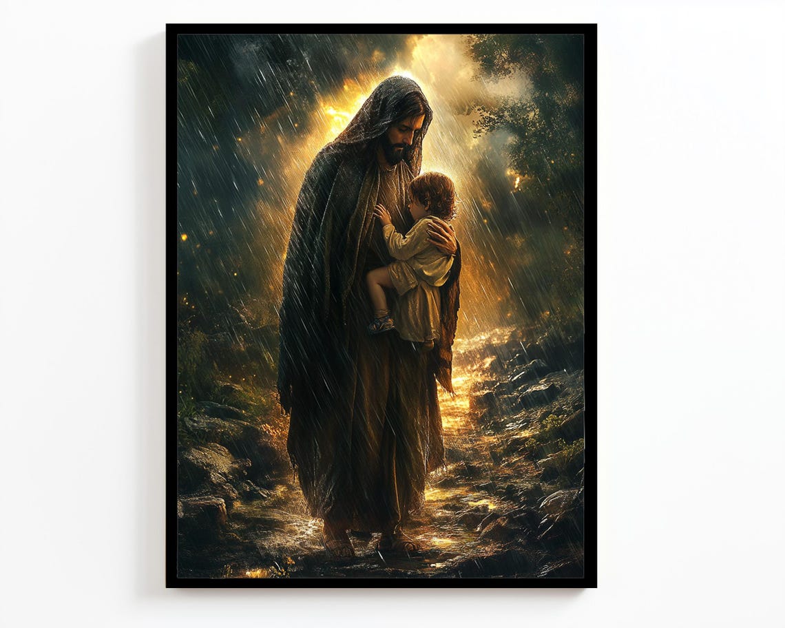 Jesus Protecting Small Child In Rain Golden Divine Light Poster - Image 4
