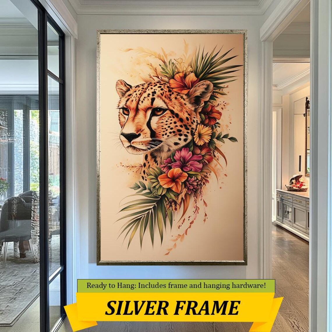 Elegant Cheetah Tropical Flowers Botanical Watercolor Wildlife Poster - Image 3