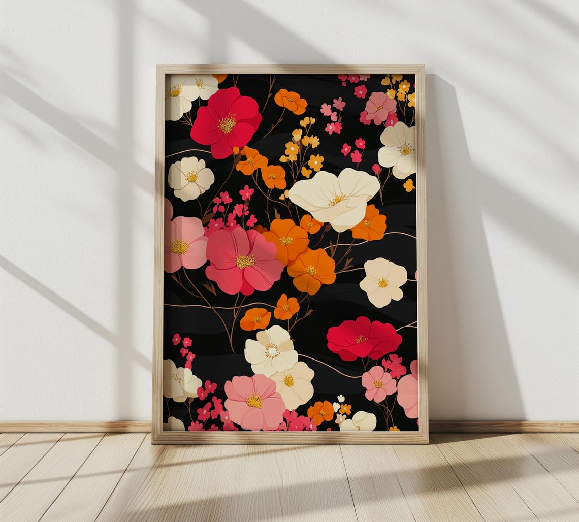 Vibrant Cosmos Floral Pattern Red Pink Orange Blooms Black Wall Art - Image 5