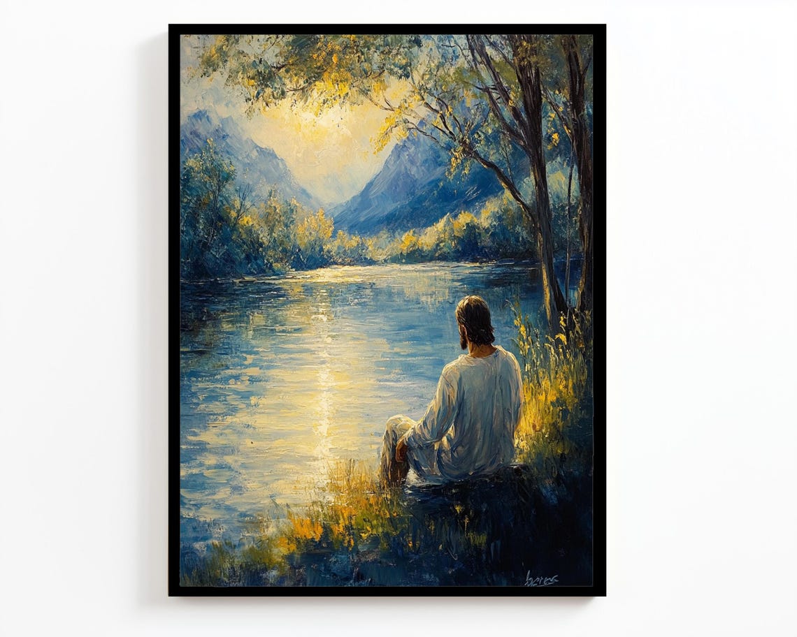 Jesus Christ Peaceful Lake Mountain Prayer Meditation Faith Art Poster - Image 4