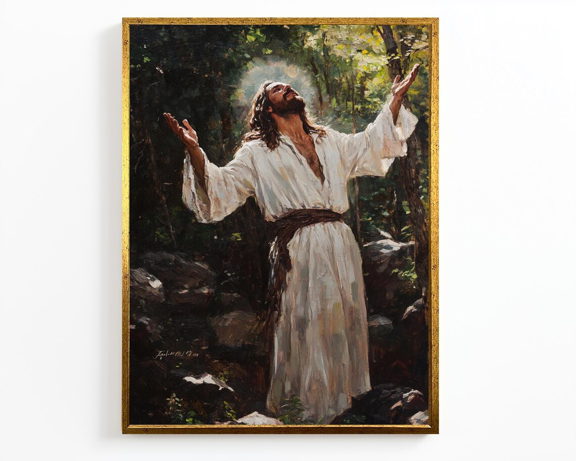 Jesus Praising With Raised Arms Forest Light Spiritual Worship Poster - Image 4