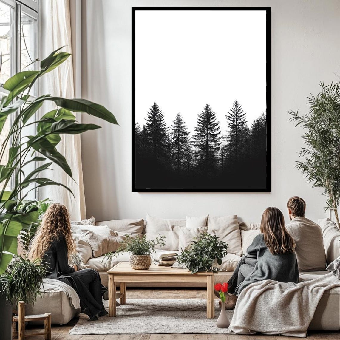 Minimalist Black Pine Forest Silhouettes White Background Serene Print - Image 3