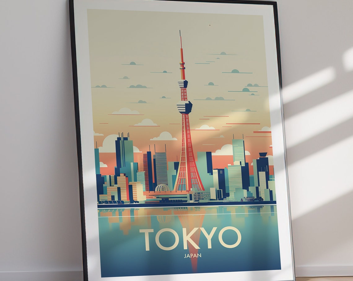 Tokyo Japan Skyline Red Tower Harbor Reflection Travel Poster - Image 3