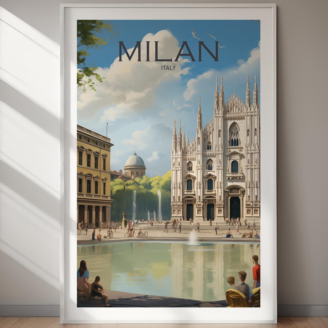 Milan Italy Duomo Cathedral Plaza Fountain Daytime Travel Poster