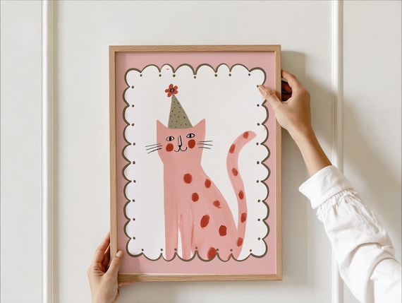 Pink Party Hat Cat Polka Dot Whimsical Nursery Animal Poster