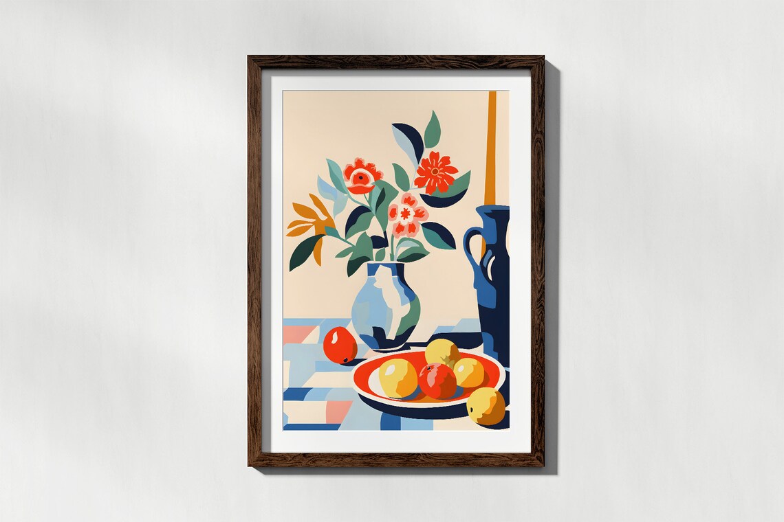 Matisse Style Still Life Vase of Flowers and Citrus Plate Colorful Kitchen Art Poster