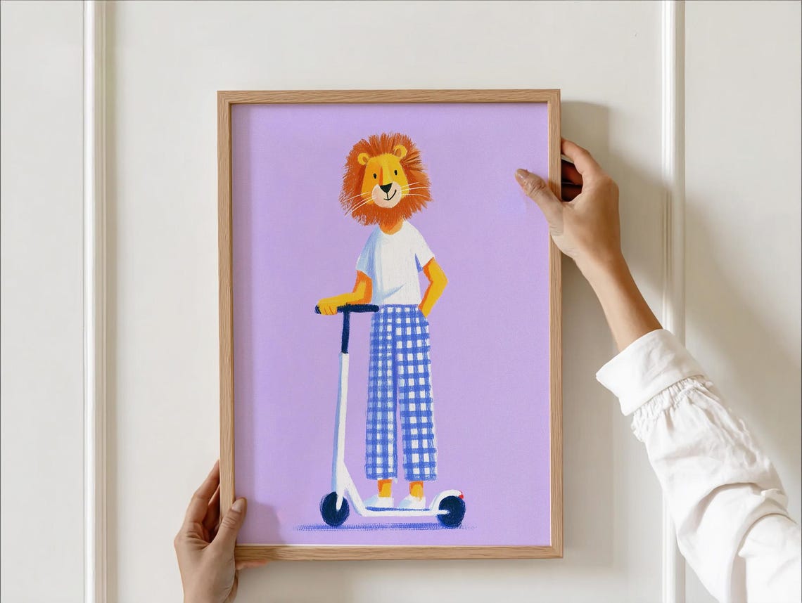 Funny Lion Riding Scooter Kids Nursery Poster on Purple Backdrop