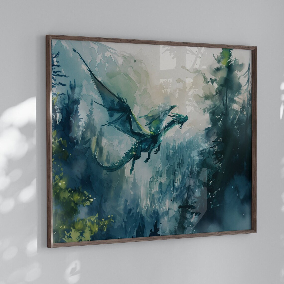 Forest Dragon Watercolor Poster Print, Dark Academia