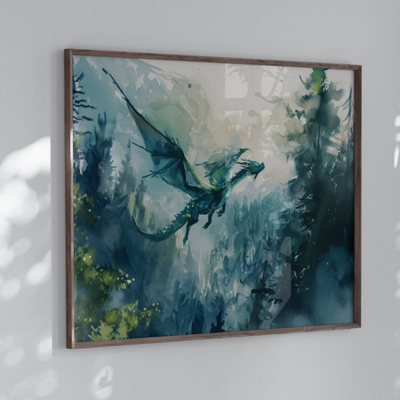 Forest Dragon Watercolor Poster Print, Dark Academia