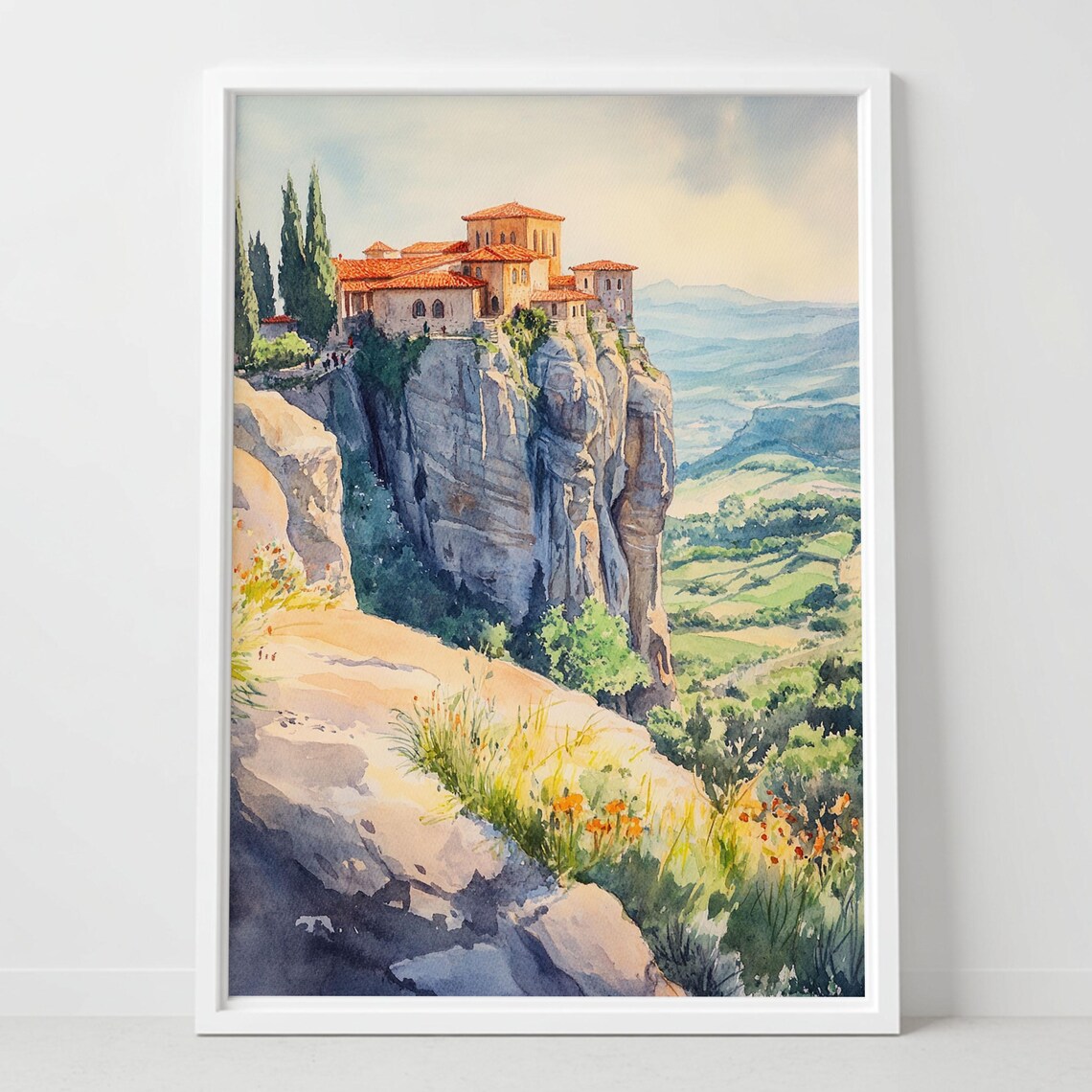 Meteora Greece Watercolor Poster Cliff Monastery Rock Valley View Art