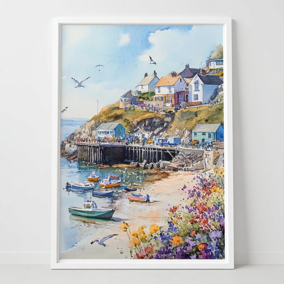 New Quay Wales Fishing Village Boats Harbor Coastal Watercolor Poster