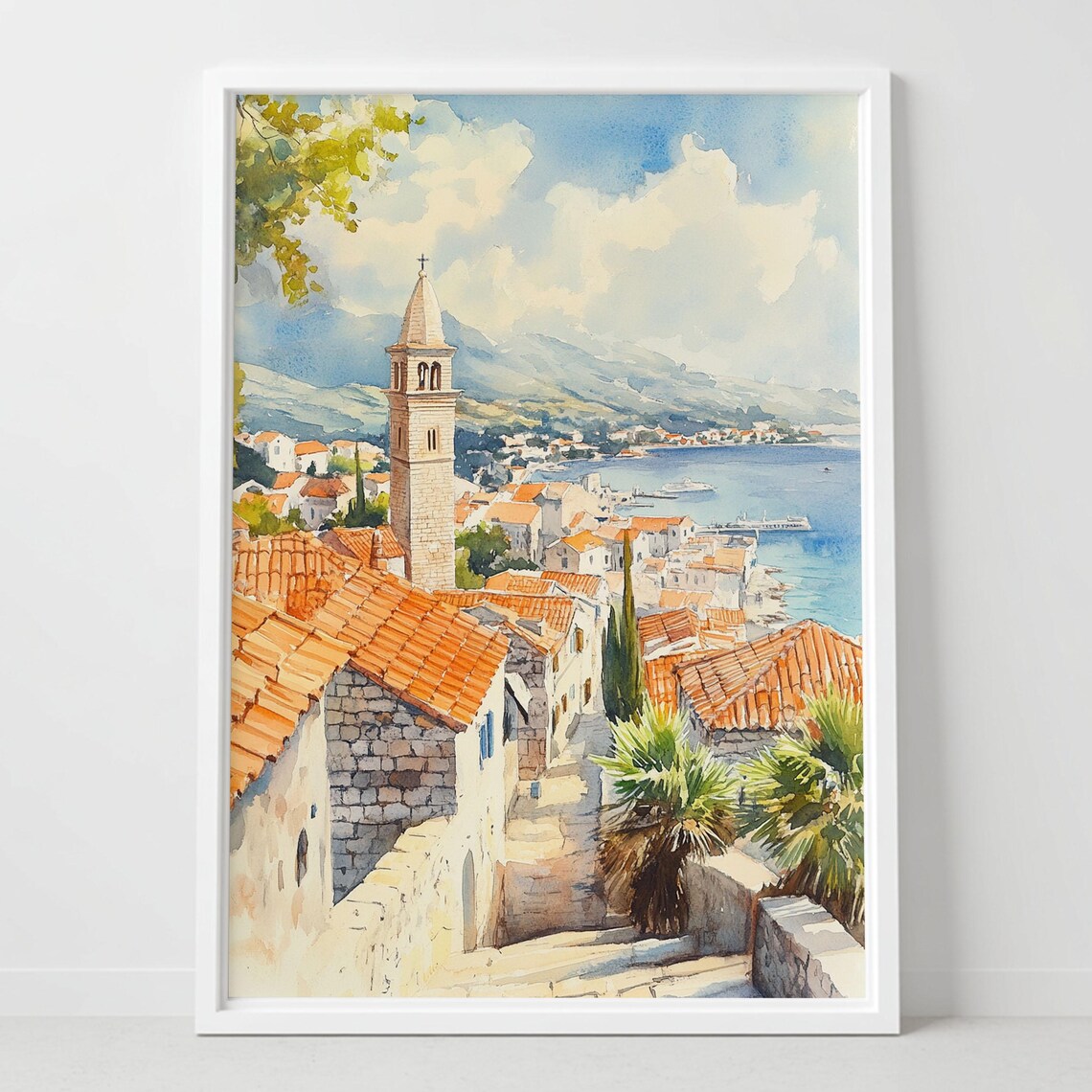Mediterranean Coastal Old Town Church Tower Terracotta Roofs Watercolor Poster