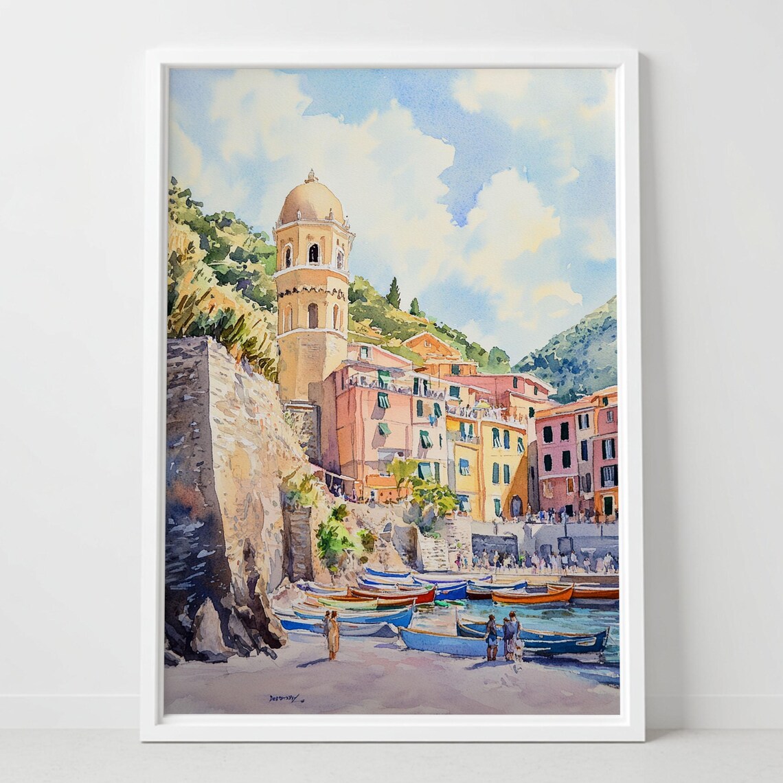 Vernazza Italy Watercolor Art Print, Cinque Terre Coastal